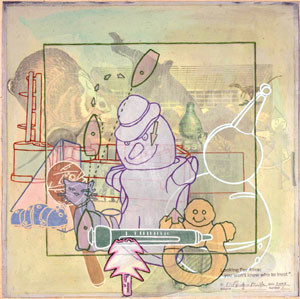 Looking for Alice: you won't know who to trust 2.1, 2007, acrylic, collage, and graphite on aluminum sheet, mounted on canvas, 12 x 12 in.