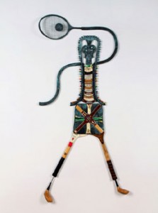 Different Strokes, chair parts, golf clubs, golf tees, tennis rackets, badminton racket, tennis ball 61x32 inches, 2011