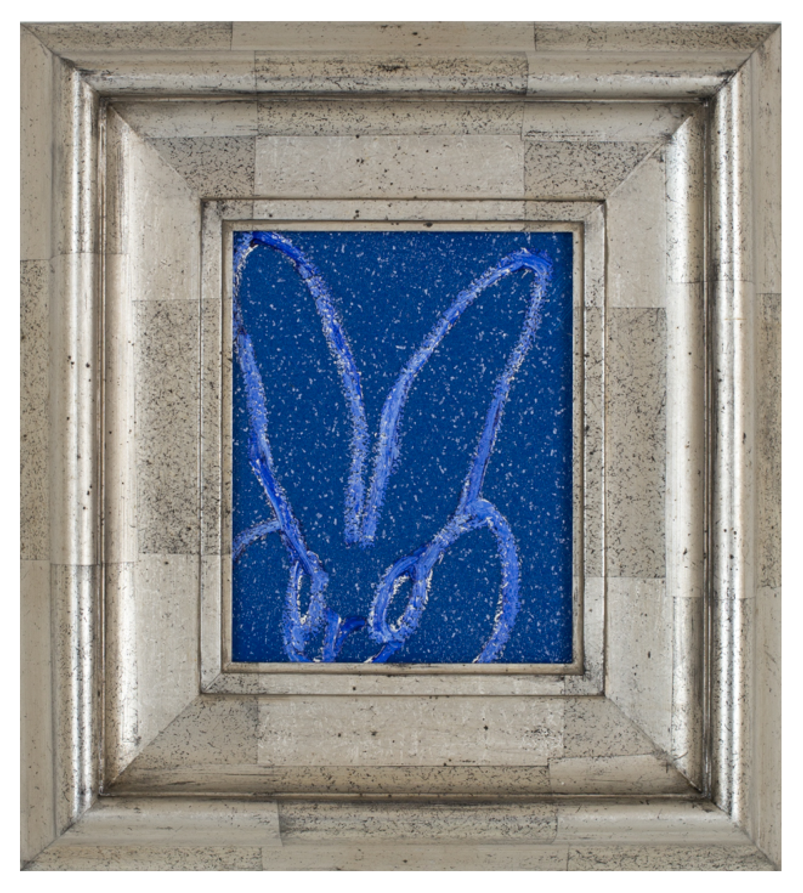 Slonem, Untitled (blue bunny silver frame), 2018, oil & acrylic w_ diamond dust on wood, 10 x 8 in