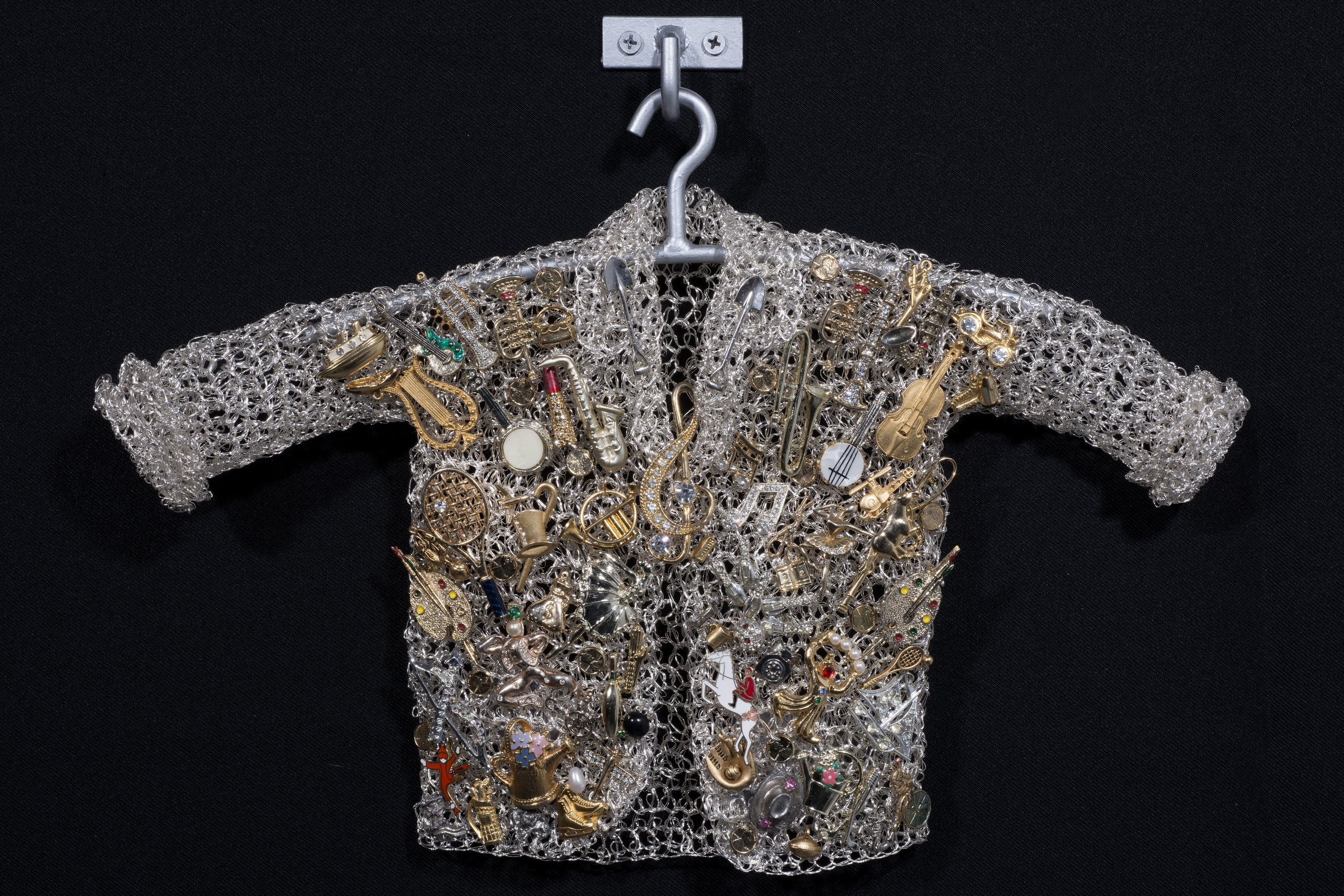 Rosenthal, Life Love, 2015, crocheted metal coat, vintage music pins, 11.5 x 16 x 4