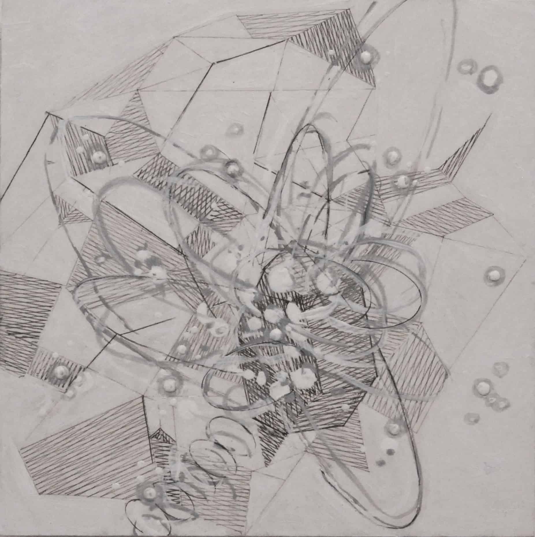 Roundabout Orbit, painting from Tesseract Study 21-F-04, 2021, graphite pencil & oil on board (black frame), 8 x 8