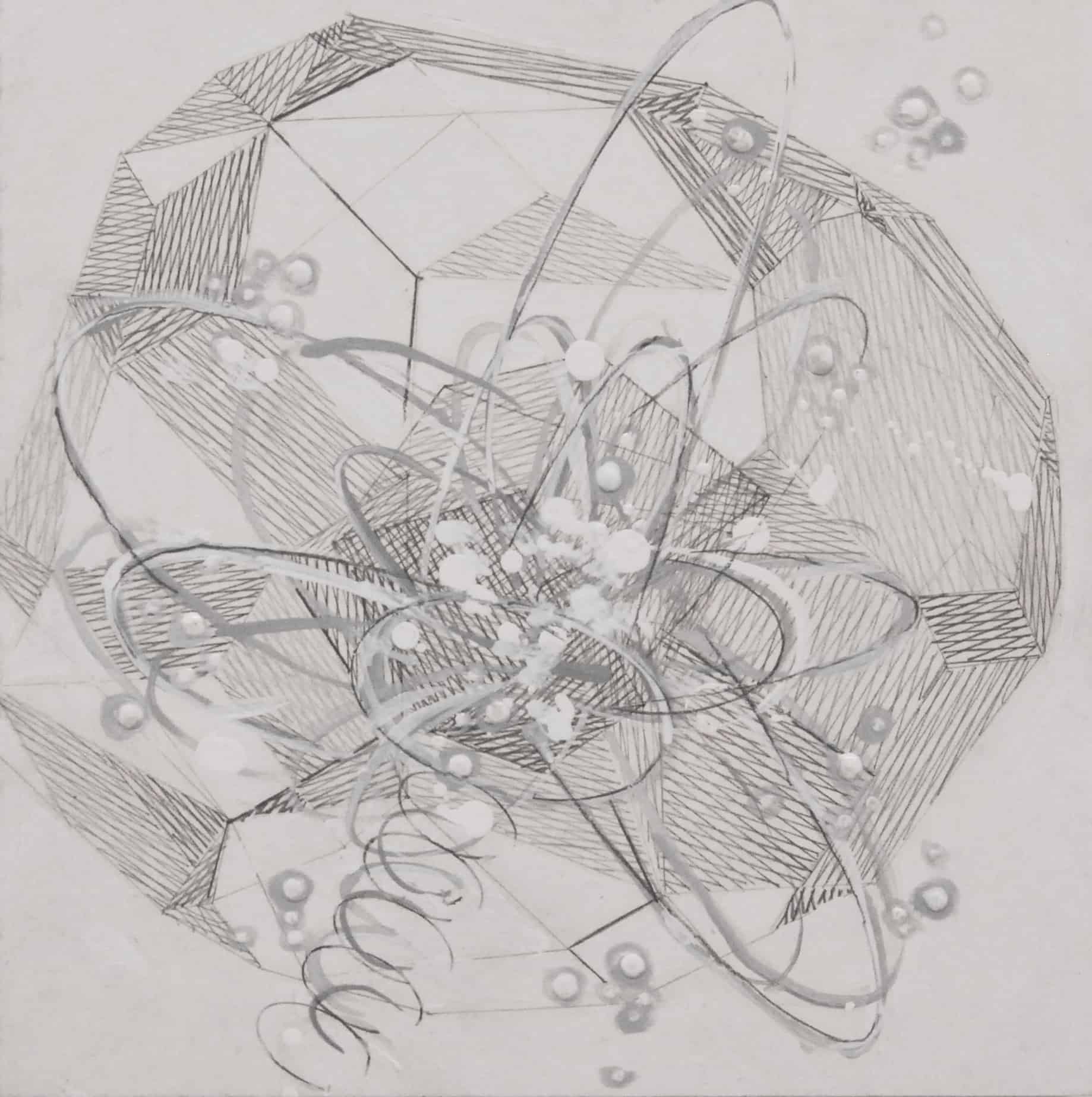 Roundabout Orbit, painting from Tesseract Study 21-F-05, 2021, graphite pencil & oil on board (black frame), 8 x 8