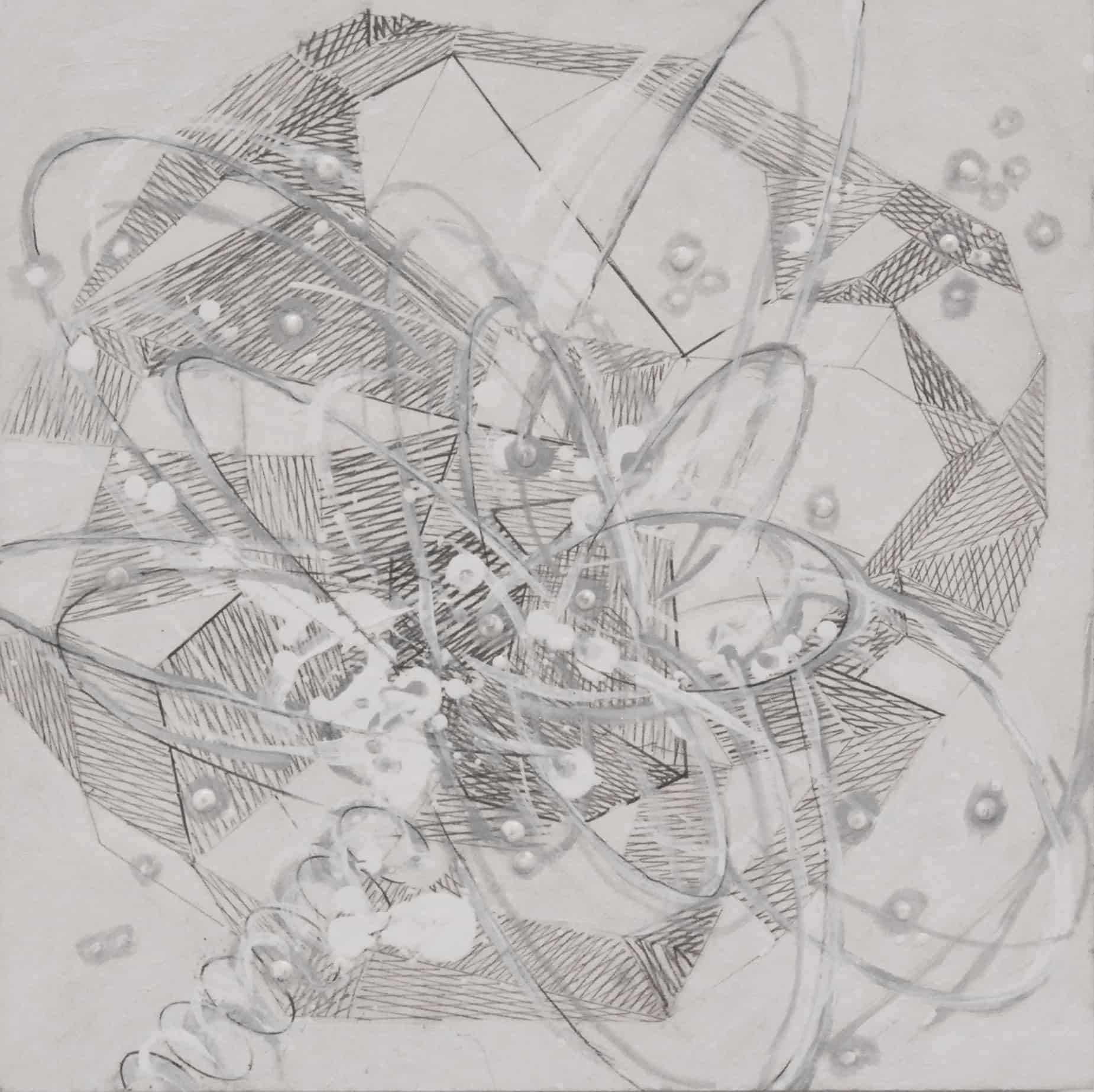 Roundabout Orbit, painting from Tesseract Study 21-F-06, 2021, graphite pencil & oil on board (black frame), 8 x 8